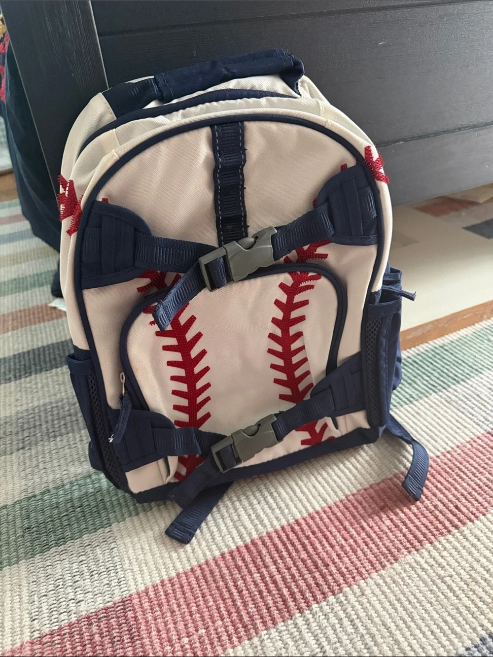 Pottery Barn Kids Cream and Navy Baseball Backpack with Red Stitching